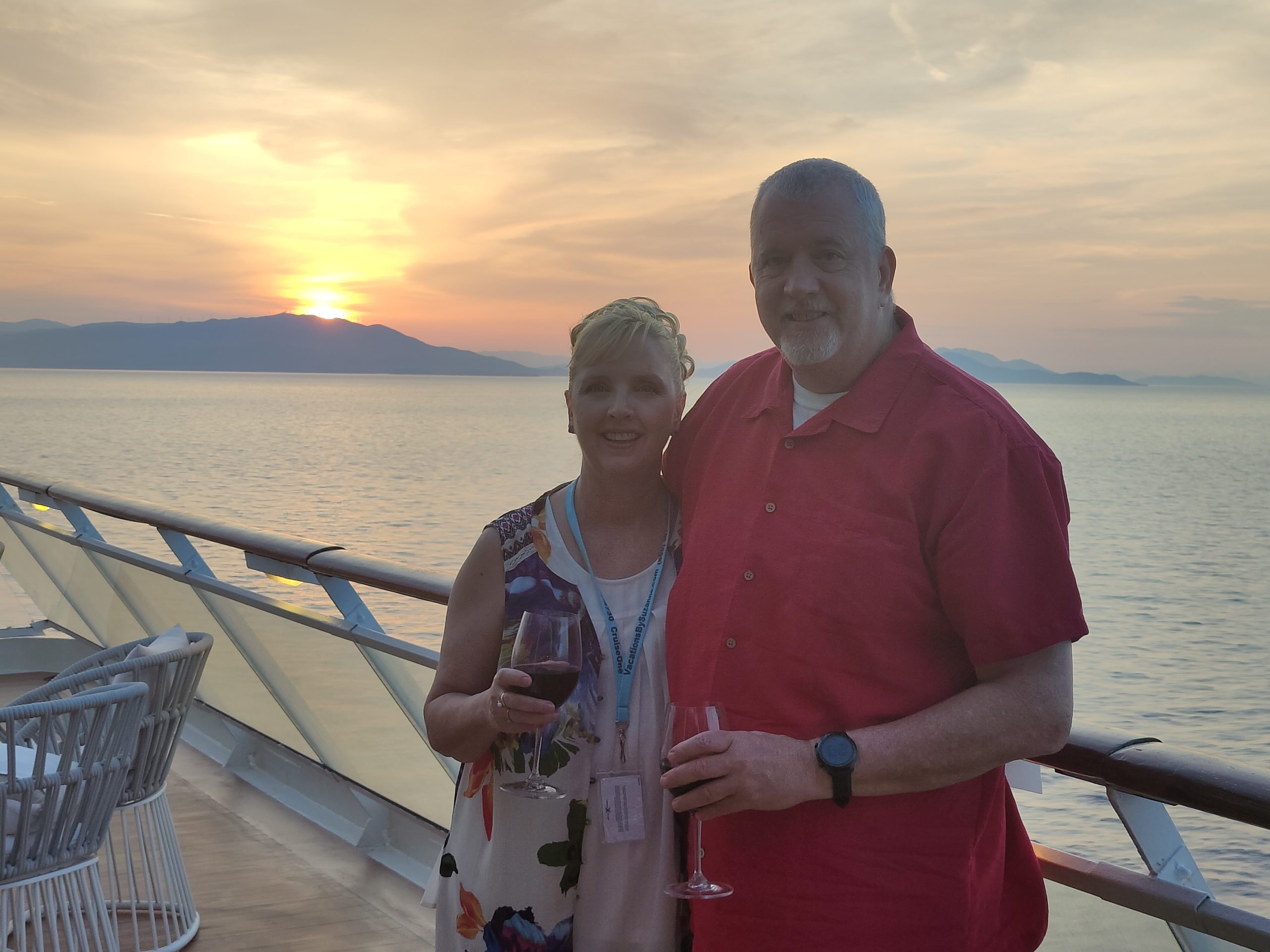 Suzanne and Steve at sunset aboard a cruise ship